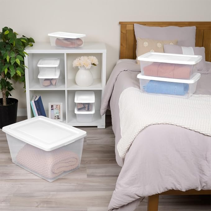 Sterilite 6 Pack Storage Boxes, Clear Plastic Stackable Containers, Lightweight Home Organizers with Snap Lids, 58 Quart, White - Image 5