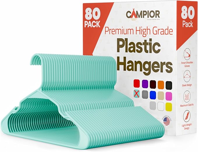 Plastic Clothes Hangers – Heavy Duty Hanger Set, for Organizing Clothes, Dresses, and Coat, Holds Up to 5 lbs, Space-Saving Hangers with Non-Slip Shoulder Grooves, Pack of 80, Aqua by Campior