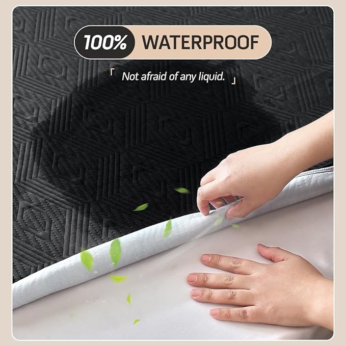 Black Premium Jacquard 100% Waterproof California King Mattress Protector, Noiseless, Anti - Slip, Breathable Bed Cover, Rayon from Bambo, Quilted, Mattress Pad Sheet, Deep Pocket 8"-21"