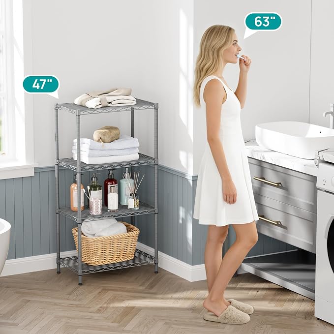 SINGAYE 4 Shelves Adjustable Storage Shelf Wire Shelving Rack Bathroom Standing Units Laundry Room Organization for Kitchen Office Bathroom Organizers Metal Pantry 14" D x 24" W x 48" H Gray - Image 8