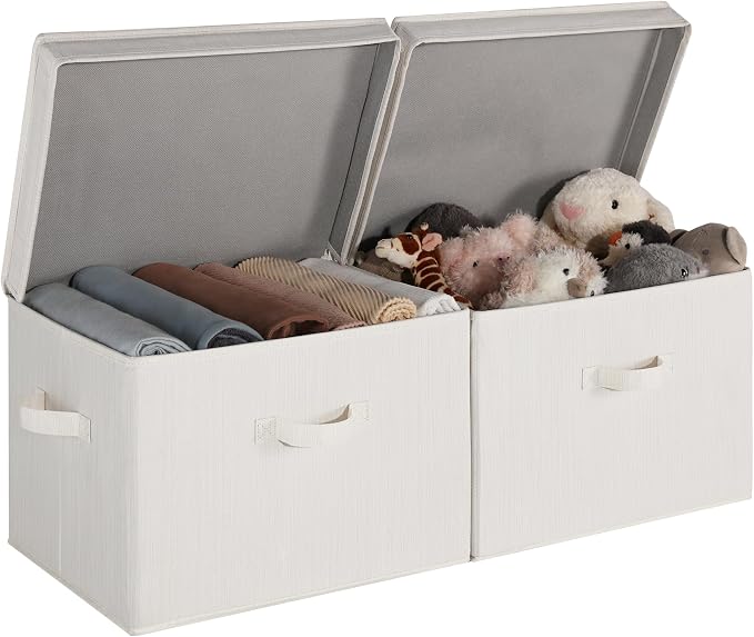 StorageWorks Closet Storage Bin with Lids, Decorative Storage Boxes with Handles, Fabric Storage Bins for Clothes, Jumbo, Mixing of Beige, White & Ivory, 2-Pack by StorageWorks