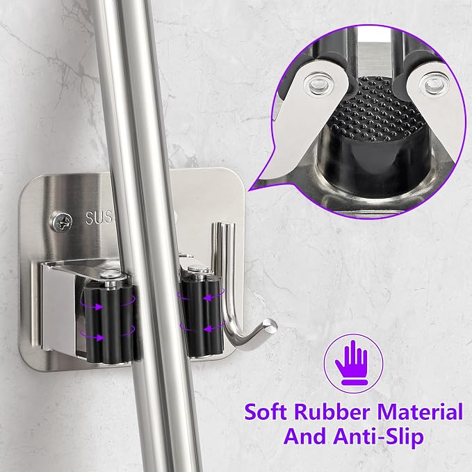 Broom Holder Wall Mount Screw Drilling, Sturdy Heavy Duty Stainless Steel Mop Gripper Rack Perforated, Perfect for Laundry Room Organizer, Fit with Laundry Kitchen Garage Garden Storage System - Image 3