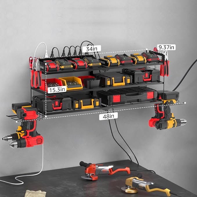 CCCEI Large Garage Tools Storage with Charging Station. Power Tool Battery Organizer Utility Shelf with Power Strip. 4 Drills Holder Wall Mount Rack, Black 3 Layer. - Image 6