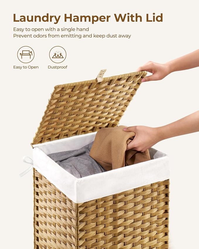 GREENSTELL Laundry Hamper with Lid, 60L Clothes Hamper with 2 Removable Liner Bags & 2 Mesh Laundry Bags, Handwoven Synthetic Rattan Laundry Basket for Clothes, Toys in Bathroom, Bedroom Natural - Image 5