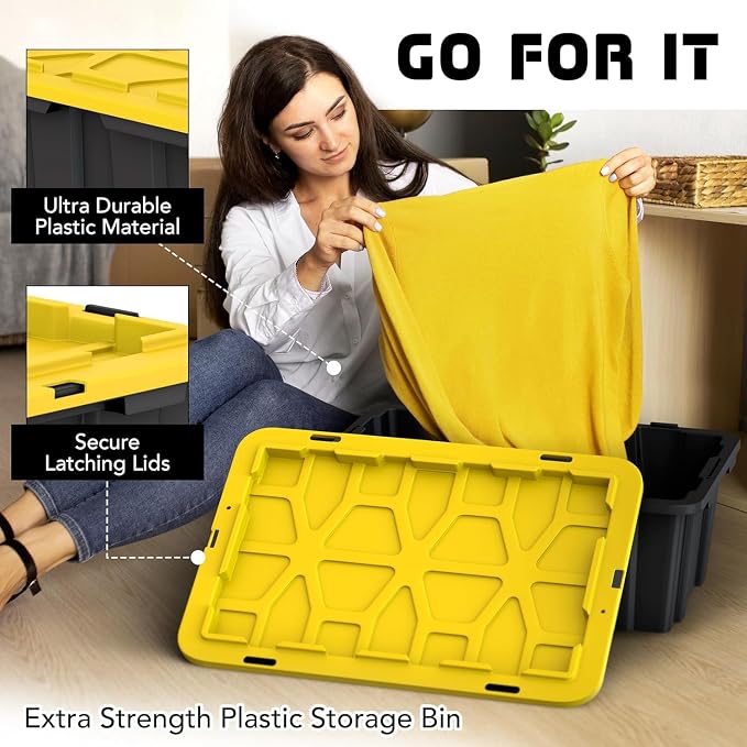 8 PACK Medium Black & Yellow Storage Bins | Plastic Tote Organizing Container with Secure Latching Lids, Stackable, Extra Strength with Built in Handle | Black and Yellow Bins | 24.5" x 16.5" x 9" - Image 4