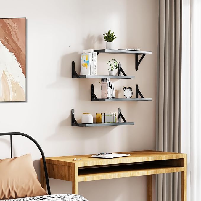 ROMGUAR CRAFT Wood Floating Shelves Set of 4, Rustic Storage Decor Wall Shelves, Wall Mounted Shelf for Living Room, Bedroom 17" x 6", Grey - Image 6