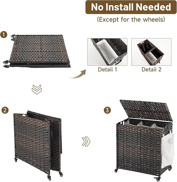 Laundry Hamper with Wheels, 39.6 Gallon(150L) Rolling Laundry Basket with Lid, 3-Section Rattan Clothes Hamper with 3 Removable Liner & 3 Mesh Bags, Laundry Sorter with Side Pocket, Brown - Image 7