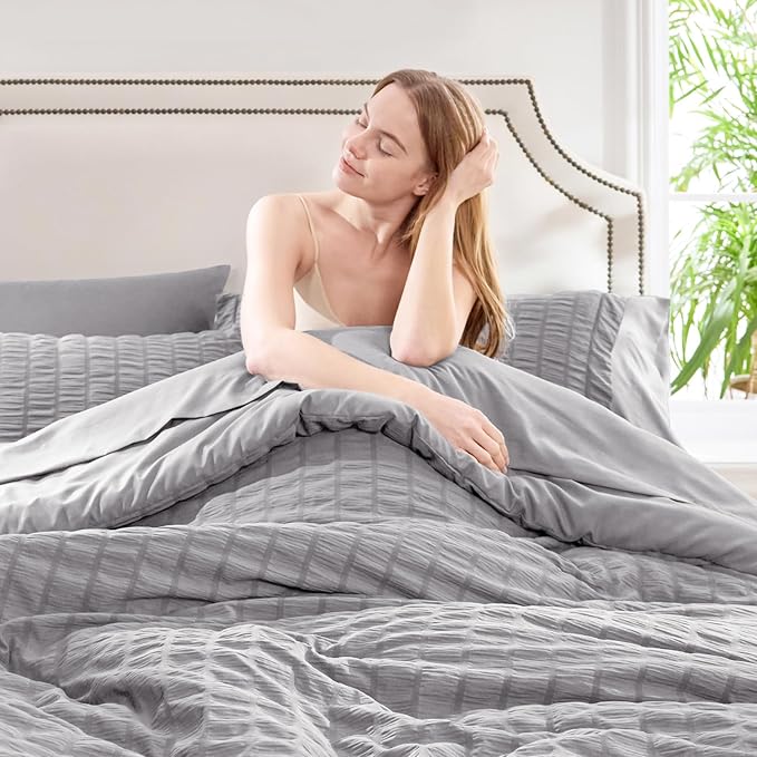 CozyLux Full Size Comforter Sets with Sheets 7 Pieces, Grey Seersucker Bed in a Bag Textured Luxury Soft Bedding Set with Down Alternative Comforter, Sheets, Pillowcases & Shams for All Season, Gray