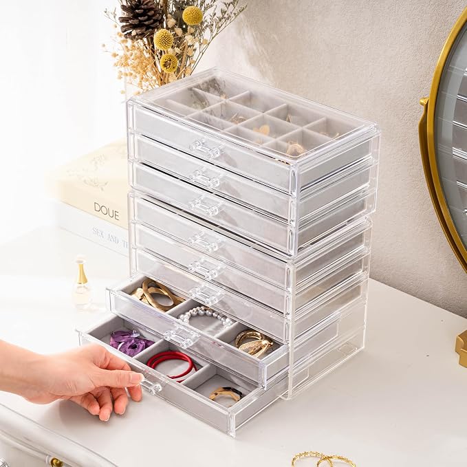 ProCase Earring Holder Organizer Jewelry Box with 8 Drawers, Acrylic Clear Earring Case with Adjustable Velvet Trays for Women - Grey, 8 Layers - Image 3