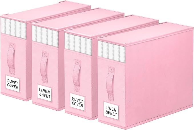 StorageTastic 4 Pack Bed Sheet Closet Organizers and Storage,Sturdy Foldable Storage Containers with Window and Label,Storage and Organization for Bedding Sheets,Duvet Covers,Blankets (Pink) by StorageTastic