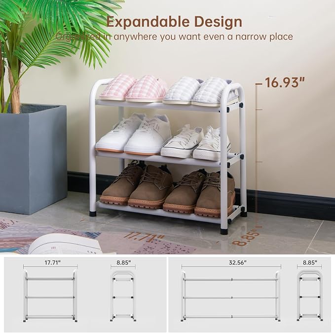 Gonfoam 3-Tier Expandable Shoe Rack,Adjustable Shoe Shelf Storage Organizer Heavy Duty Metal Free Standing Shoe Rack for Entryway Closet Doorway (White) - Image 2