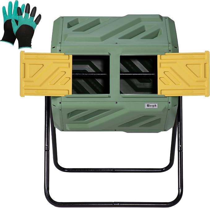 Werph Updated 43 Gallon Dual-Chamber Compost Bin, Fast Assembly Outdoor Compost Tumbler, Rotating Batch Composter Bin with Gloves for Garden, Kitchen, and Yard by ColorYourLife