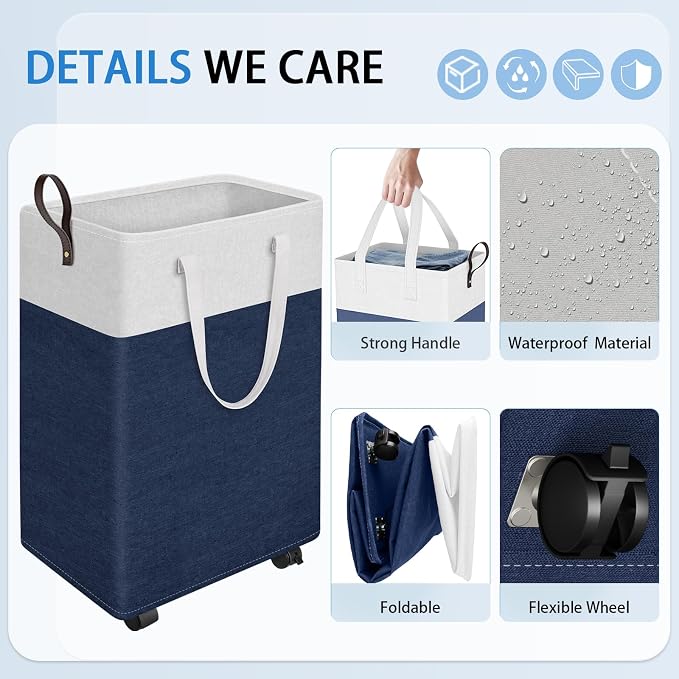 HomeHacks 75L Rolling Laundry Basket with Wheels, Collapsible & Waterproof Laundry Hamper, Mobile Clothes Hamper, Storage Laundry Bins with Handles for Laundry Room, Bedroom, Bathroom & Dorm, Blue - Image 3