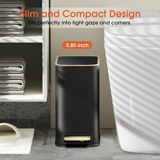 Small Bathroom Trash Can with Lid Soft Close, 5L / 1.3 Gallon Slim Garbage Can with Removable Inner Bucket, Step Stainless Steel Trash Bin for Office, Bathrooms, Bedroom, Living Room (Black) - Image 2