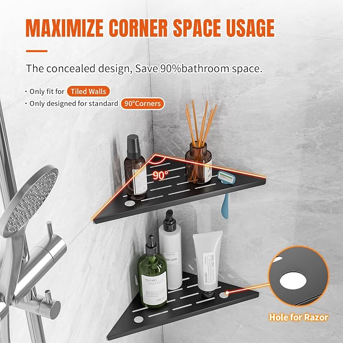 Corner Shower Shelves with Razor Hole, Modern Sturdy Shower Caddy, 10" 304 Stainless Steel Shower Organizers Bathroom Shelf for Tile Wall, No Drilling Grout Mount Shelf for Shower,Bathroom Accessories - Image 6