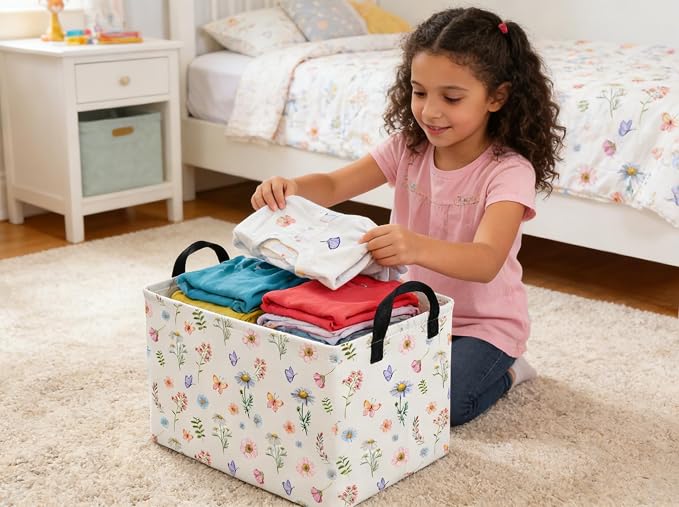 Rectangle Kids Baskets Flower Basket Cute Storage Bin Organizer Boys Box for Room Decor Gift Basket(Watercolor flower) - Image 5