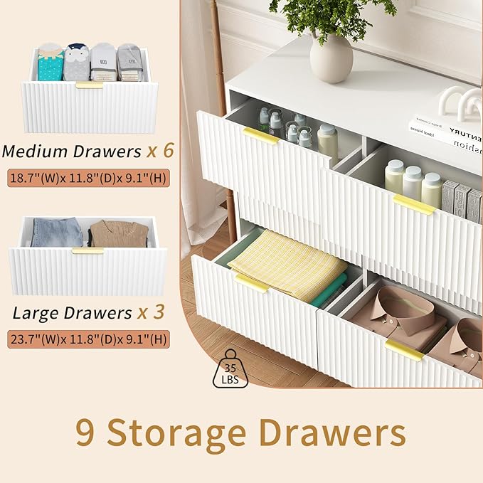 9 Drawer Dresser and Nightstand Sets for Bedroom, 3 Pcs Bedroom Set, Night Stand Set of 2 & 9 Drawer Dresser with Gold Handles, Modern Wood Chest of Drawers Storage Cabinet Set, White