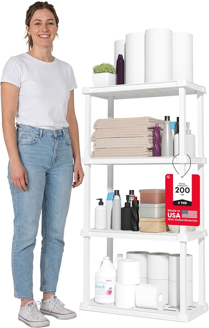 IRIS USA 4-Shelf Light Duty Plastic Storage Shelves, 200lb Capacity, 48" H x 24" W x 12" D, Medium Modular Shelving Unit Storage Organizer for Bathroom, Laundry, Garage & Home, Storage Rack - White by IRISUSA