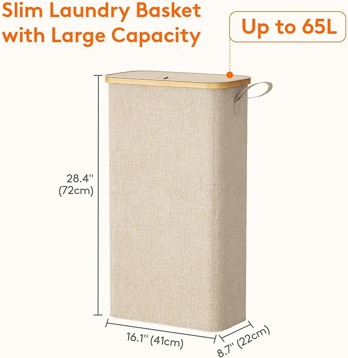 Lifewit 65L Slim Laundry Hamper with Lid, Narrow Laundry Basket with Removable Bag & Bamboo Handles, Fodable Thin Dirty Clothes Hamper for Laundry Collapsible Bin for Bathroom Bedroom Dorm, Beige - Image 3