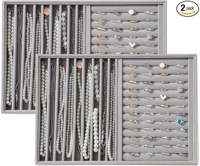 Large Velvet Jewelry Tray 2 Pack Stackable Jewelry Display Drawer Inserts Trays Organizer for Earring Bracelet Necklace Ring (Gray, Ring and 9 Grids) by Unknown