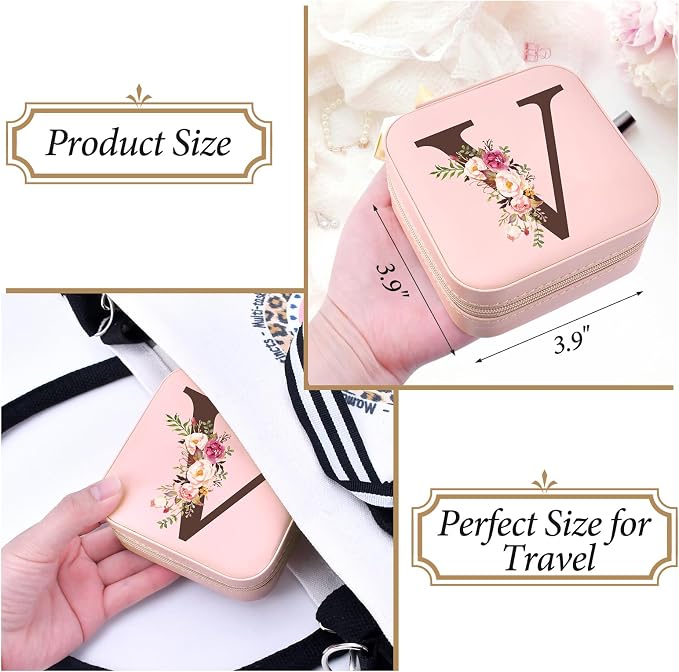 Small Travel Jewelry Case for Women, Initial Travel Jewelry Case Box Organizer Personalized Gifts, Fashion Travel Essentials Trendy Stuff for Teen Girls, Pink V - Image 4