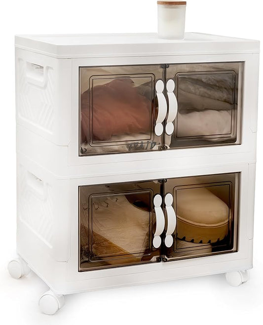 DALMAN 26QT Stackable Storage Bins with Lids -2 Tier Wheeled Shelf Organizer Plastic Containers with Lids – Multipurpose Storage and Organization Shelving Unit with Magnetic Closure