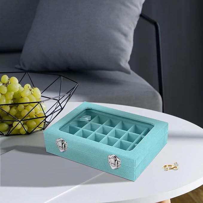 Velvet Jewelry Box 24 Grid Jewelry Earrings Display Organiser Box Ring Tray Holder Earrings Storage Case for Girls Women Wife Mom (Light blue) - Image 7