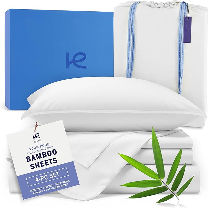 Kickoff Viscose Bamboo Sheets King Size 4-pc 100% Organic Bamboo Viscose Bed Cooling Sheets King Size Set Cool Bedding for hot Sleepers Sheet, Flat, Fitted, Pillowcases (Snow White,K)