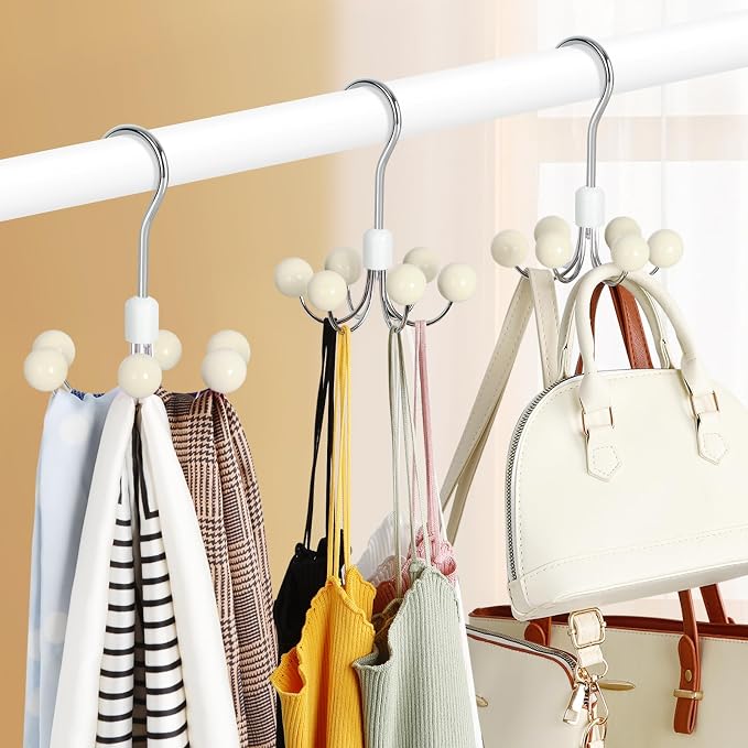 TOPIA HANGER Hoodie Hangers 4-Pack with 6 Wood Balls, 360°Swivel Purse Hanger, Scarf Hanger, Closet Hooks, Handbag Organizer, Bra Hanger, Accessory Organizers for Scarf, Tanktop, Hat, Hoodie CT57W - Image 5