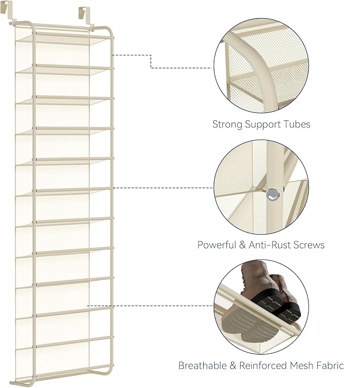Whitmor 36 Pair Over The Door Shoe Organizer, 12 Tier Hanging Shoe Organizer, Heavy Duty Metal & Mesh Shoe Holder, Hanging Shoe Rack for Closet Organizer & Storage, 69"L x 21.7"W x 7.5"H, Beige - Image 4