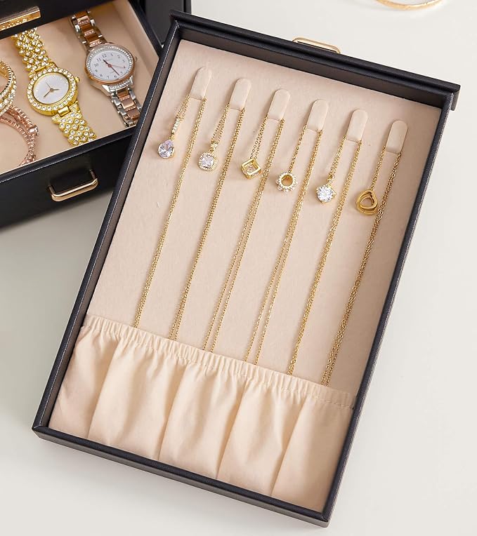 Homde Jewelry Organizer with Transparent Window Necklace Hooks Gift for Women Jewelry Box Display Case for Necklaces Rings Earrings Bracelets and Other Jewelry Accessories (Black + Gold) - Image 9