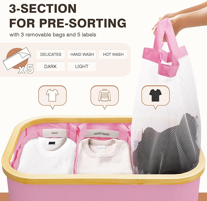 Hampers for Laundry Basket with Lid, 160L Extra Large 3 Section Clothes Divided Organizer for Bedroom, Laundry Room, Dirty Clothing Hamper, Pink - Image 3