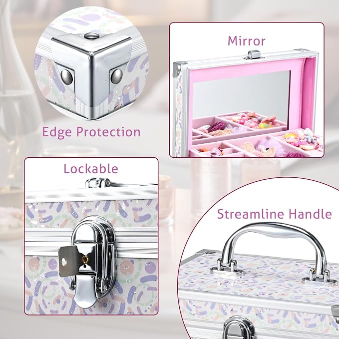 Hododou Girls Jewelry Box Organizer with Drawer & Mirror, Shiny Pink Style Lockable Storage Case for Kid or Little Girls Jewelry and Hair Accessories Lilac - Image 6