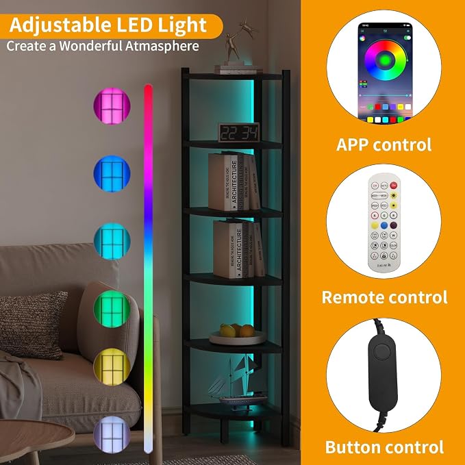 Corner Shelf with LED Lights, 6-Tier Corner Bookshelf, 66'' Organizer Book Shelf Shelves Steel Frame Display Stand with Living Room, Bedroom, Study, Black - Image 3