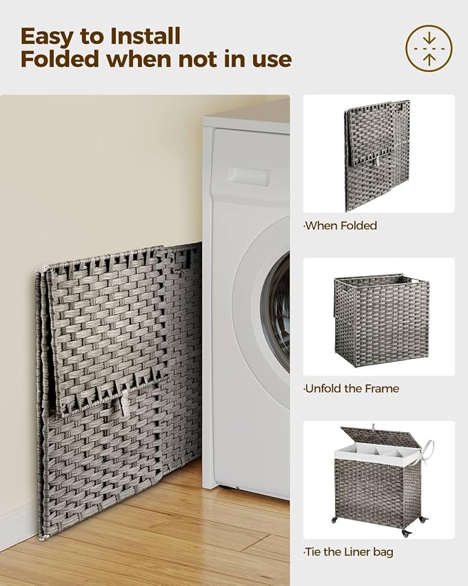 GREENSTELL Laundry Hamper with Wheels&Lid, 130L Large 3 Sections Clothes Hamper with 2 Types Removable Liner Bags, 5 Mesh Laundry Bags, Handwoven Divided Laundry Basket Gray - Image 8