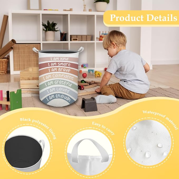 Boho Rainbow Laundry Basket, Positive Affirmations Inspirational Waterproof Collapsible Laundry Hamper Dirty Clothes Storage Toy Bin Organizer for Kids Room College Dorm Bedroom Bathroom - Image 6