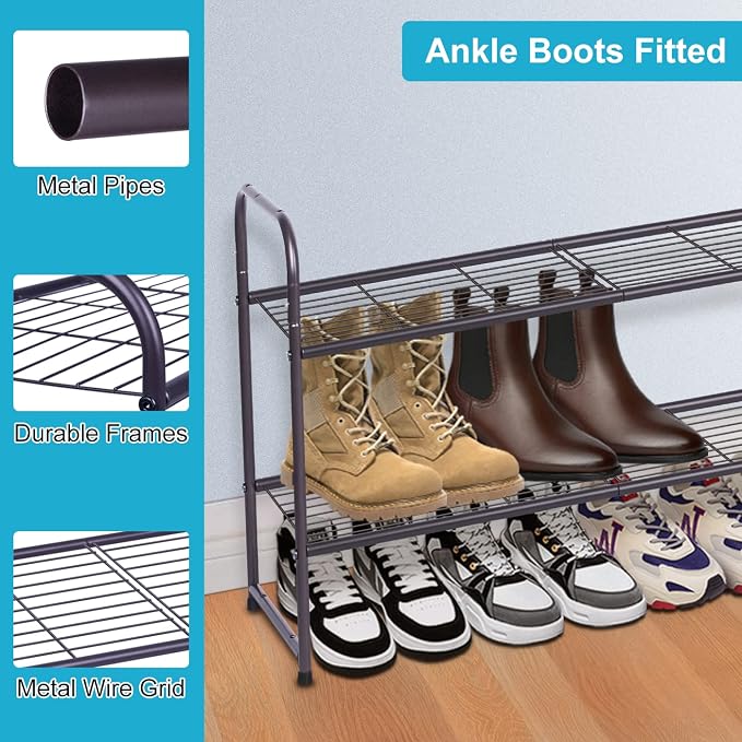 KEETDY 2-Tier Long Shoe Rack for Closet Entryway Shoe Organizer for 18 Pairs Sneakers, Metal Stackable Shoe Storage Shelf with Wire Grid for Bedroom, Floor, Bronze - Image 4
