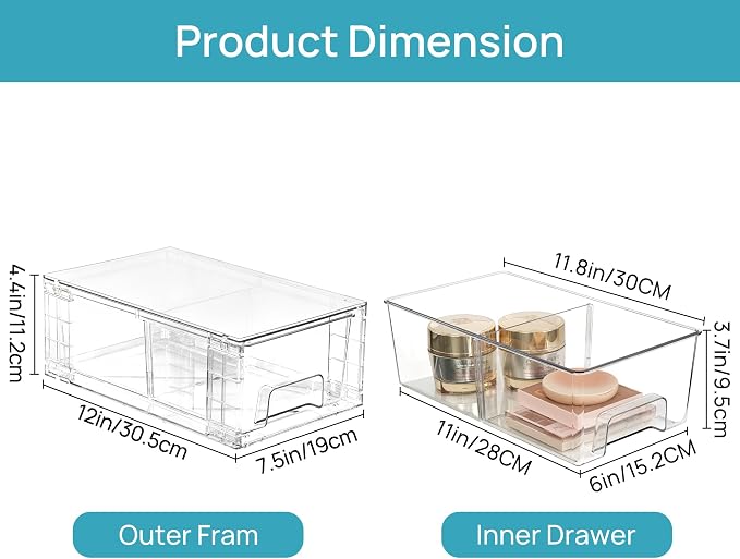 Vtopmart 2 Pack Stackable Storage Drawers,Clear Acrylic Drawer Organizers with Handles, Easily Assemble Containers for Fridge, Bathroom,Kitchen Undersink,Cabinet,Pantry Organization and Storage - Image 3