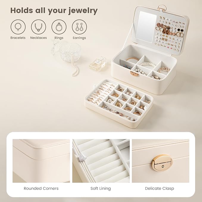 Lolalet 2 Layer Jewelry Box with Lock and Key for Teen Girls & Young Women, Jewelry Organizer Case with Round Clasp and Mirror for Earrings Rings Necklaces Storage, Gift Idea -Cloud White - Image 2
