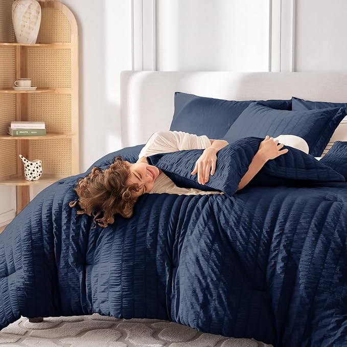MUXHOMO 7 Pieces California King Comforter Set, Seersucker Bed in a Bag Cal King Size, All Season Luxury Bedding Set with Comforter, Flat Sheet, Fitted Sheet, Pillowcases & Shams, Navy Blue