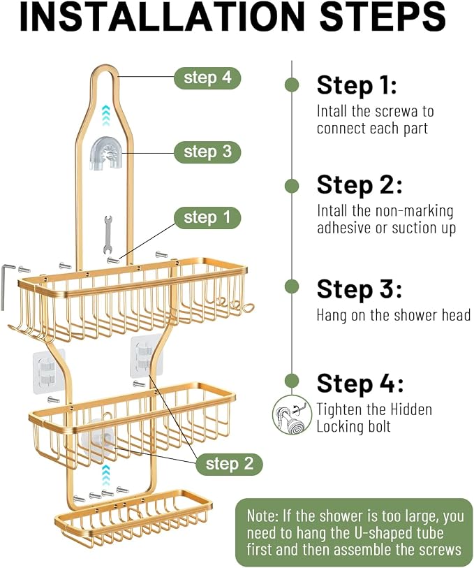 Shower Caddy Hanging - Never Rust Shower Hanging Organizer - Aluminum Over the ShowerHead Caddy with Soap Basket and 6 Razor/Sponge Hooks (Gold) - Image 8