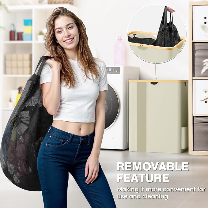 BlissTotes Laundry Basket with Lid, 150L Clothes Laundry Hamper with Handles and 2 Removable Laundry Bag, Breathable Design Hamper with Lid for Bedroom, Bathroom, Dorm, Laundry Room - Beige - Image 2