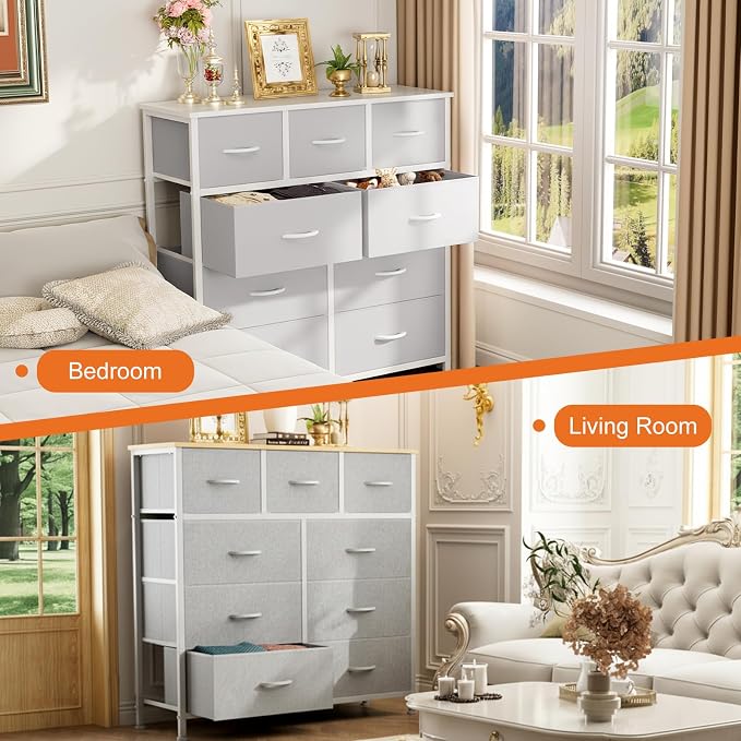 Sweetcrispy 9 Drawer Fabric Dresser Storage Tower with Wood Top and Steel Frame, Organizer Chest with Easy Pull Handles for Bedroom, Closet, Hallway,Light Gray - Image 4