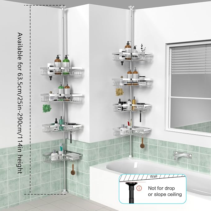 KEGII SUS304 Corner Shower Organizer, Stainless Steel Tension Pole Corner Bathroom Caddy, No Drilling Required Adjustable Shower Shelf for Inside Showers, Silver - Image 6