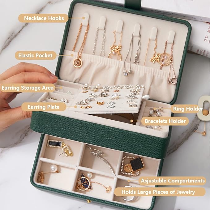 KOOAAICCHI Small Jewelry Box, Travel Jewelry Organizer, Portable Jewelry boxes for Women Girls Gift, Double Layers PU Leather Jewelry Holder for Rings, Earrings, Necklaces-Green - Image 4