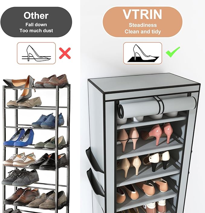 VTRIN Vertical Narrow Shoe Rack Organizer Tall Shoe Rack for Closet Entryway 10 Tier Non-Woven Cover Shoe Shelf Holds 20-22 Pairs Free Standing Shoe Storage Cabinet with Dustproof Cover, Grey - Image 6