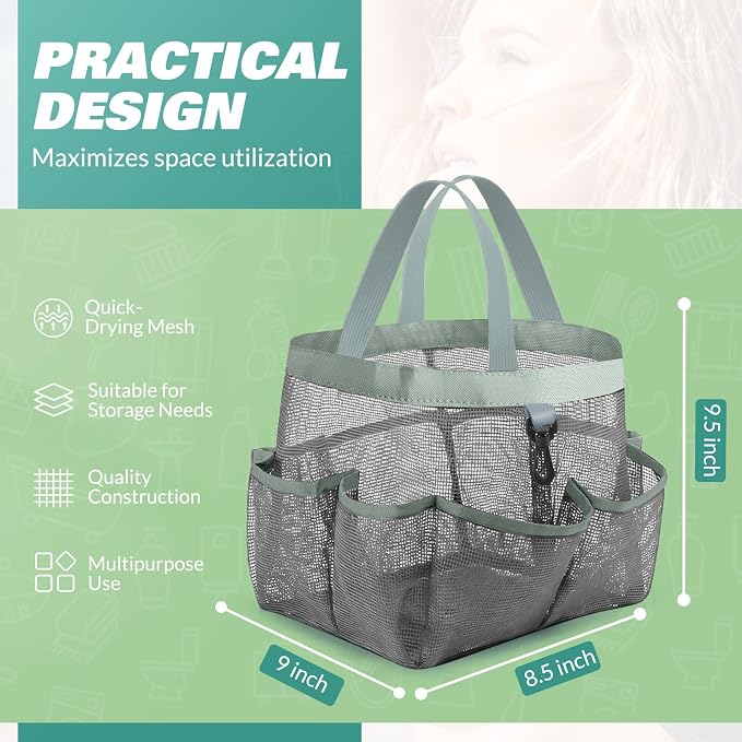 LOYEE Mesh Shower Caddy Portable for College Dorm Room Essentials with 8 Pockets, Shower Bag for Beach, Swimming, Gym, Travel, Bathroom(All gray) - Image 2
