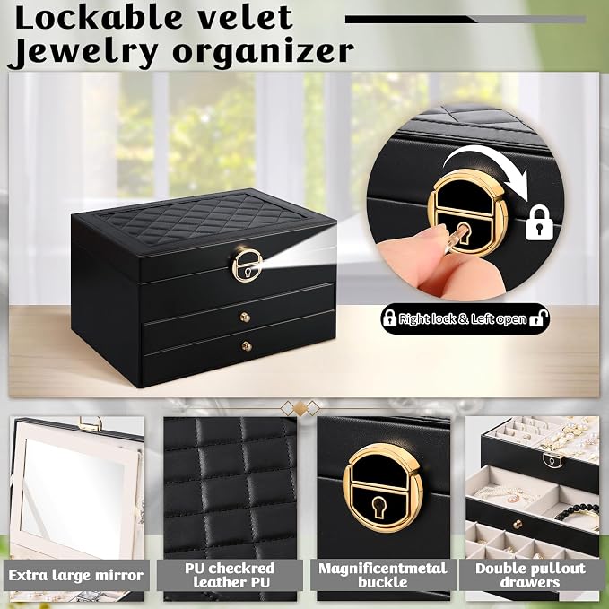 3 Layer Jewelry Boxes for Women with Mirror Large Jewelry Holder Organizer with 2 Jewelry Organizer Drawer PU Lockable Elegant Unique Gifts for Women, Black - Image 2