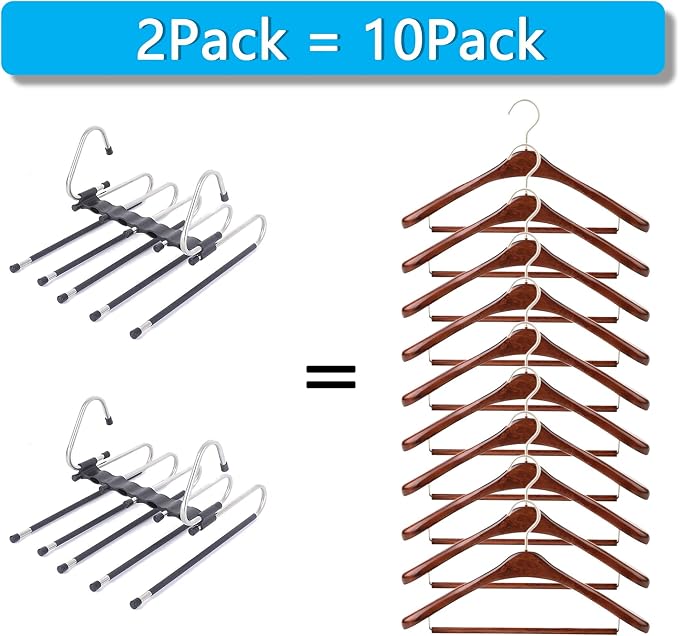 Magic Pants Hangers Space Saving - 2 Pack for Closet Multiple Layers Multifunctional Uses Rack Organizer for Trousers Scarves Slack (2 Pack with 10 Metal Clips) - Image 7