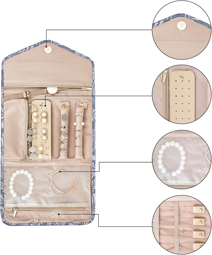 BAGSMART Travel Jewellery Organiser Roll Foldable Jewelry Case for Journey-Rings, Necklaces, Bracelets, Earrings, White Leaf - Image 7